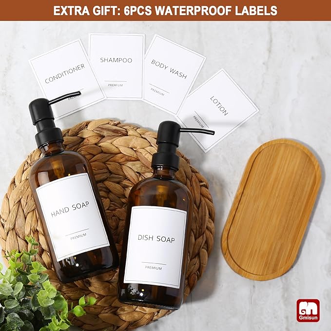GMISUN Amber Glass Soap Dispenser, 2 Pack Bathroom Hand Soap Dispensers with Bamboo Tray, 17 Fl Oz Kitchen Hand and Dish Soap Dispenser Set, Modern Vintage Liquid Brown Soap Dispensers Bottle