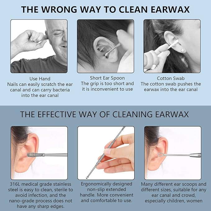 Hion 8 Pcs Ear Wax Removal Kit,Professional Double-Headed Ear Pick Earwax Removal Tools,316L Stainless Steel Ear Cleaner Curette with Cleaning Brush and Storage Box,Suit for Kid Adult(Silver)
