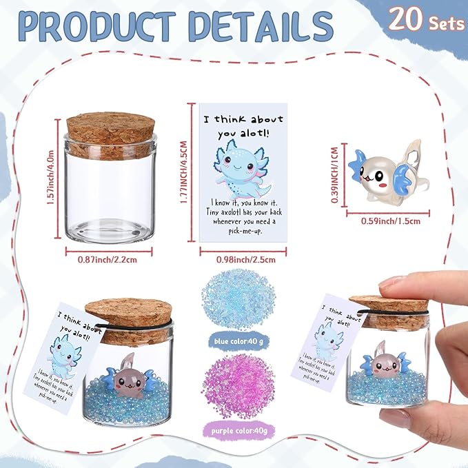 20 Sets Employee Appreciation Gifts Bulk Support Inspirational Mini Luminous Axolotl Cards with Glass Bottle for Christmas Teacher Students Gift Classroom Party Favors