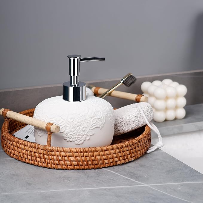 White Soap Dispenser, Ceramic Countertop Lotion Dispenser 14oz with Embossed Design, Bathroom Refillable Lotion Bottle for Shower Soaps Shampoo Kitchen Organization, ANTIS'S HOME