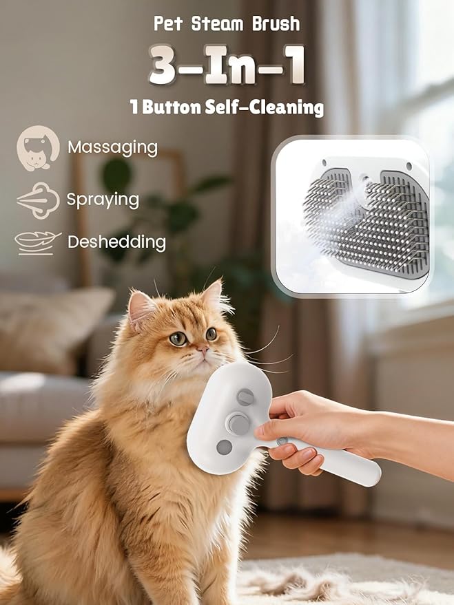 Anti-static Cat Steam Brush,3-in-1 Dog Brush & Gentle Grooming Fur Removal Tool for All Pets,Furmist Comb,Dog Brush,Cat Brushes,Pet Steam Brush,Self-Cleaning with Release Button for Long Short Hair