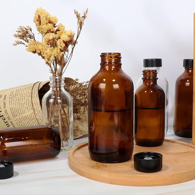 15 Pack Glass Amber Boston Bottles with Black Poly Cone Cap, 4 oz Round Glass Bottle for Essential Oil, Perfume and Liquid, Contains 24 Colored Labels, 2 Funnels, 1 Brush