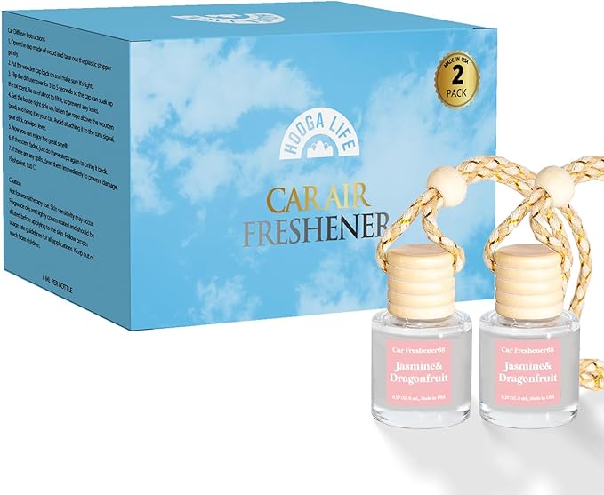 HoogaLife Car Air Freshener Diffuser 2 Pack Hanging Jasmine Dragonfruit Car Air Freshener for Women 45+ Days Long Lasting Fragrance Made in USA (B68)