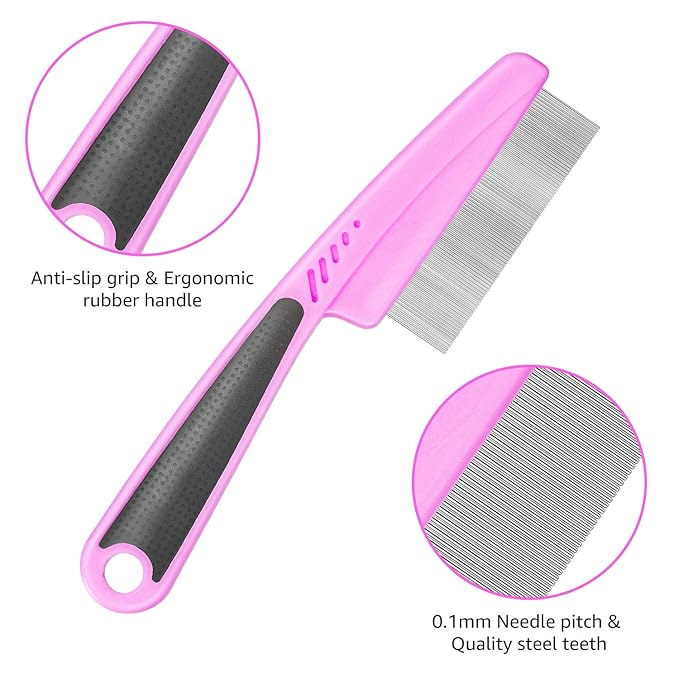Flea Comb For Dogs & Cats Pet Comb Grooming Set 5 Pieces Metal Teeth Durable Remove Tear Stain Float Hair Combing tangled hair Dandruff Add Storage Pouch (pink)