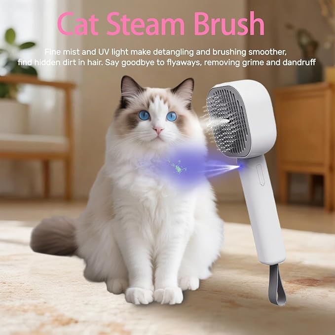 Pet Steam Brush for Cats, 4 in 1 Cat Brush for Long Haired Cats Kittens Dogs for Shedding Grooming Massage Self Cleaning (White Grey)