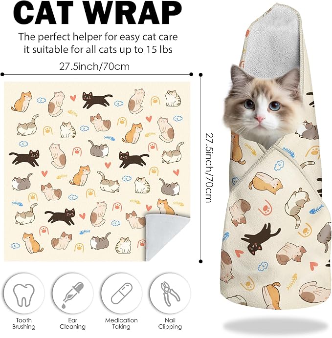 27.6" Cat Grooming Wrap, Self Adhesive Cat Wrap for Cutting Nails, Anti-Escape Calming Cat Swaddle Wrap for Medicine Ear Cleaning, Anti-Scratch Cats Burrito Restraint Blanket, Pet Tool (6-10 lbs)