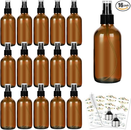 CycleMore 120ml 16Pcs 4oz Amber Glass Spray Bottles with Fine Mist Sprayers, Glass Travel Bottles for Cosmetic Essential Oils Cleaning Solutions Perfumes & More Liquids Ideal for Mother & Friends