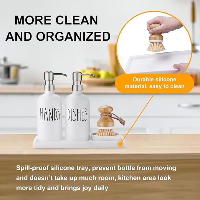 Glass Soap Dispenser for Kitchen,Farmhouse Kitchen Dish Hand Soap Dispenser Set,Rustproof Pump Soap Lotion Dispenser Set with Tray and Dish Brush,Kitchen Decor White-Silver Pump