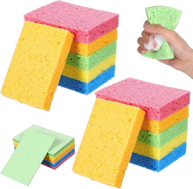 100 Pack Multi-Purpose Sponge Pads, Kitchen Sponge Bulk Reusable Absorbent Compressed Wood Pulp Dish Sponges for Cleaning, Effective Clean The Surface Stains Without Scratching for Kitchen Bath