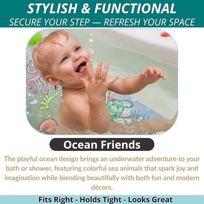 ENKOSI Bath Mat - Large Non Slip Bathtub & Shower Mat - Extra Long 40 x 16 Inch Bathroom Mats for Tub Nonslip Anti Slip Bathmats (Ocean Friends), 1 Pack