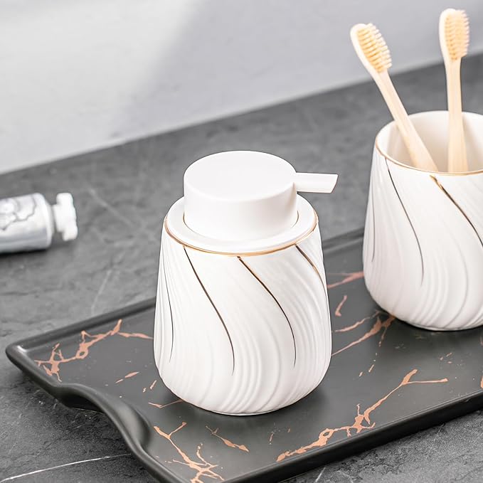 Foam Hand Soap Dispenser - 13.5 oz Ceramic foaming Hand soap Dispenser with Easy-to-Press Pump for Bathroom refillable Liquid Hand soap Dispenser (Foam-White with Gold Thread)