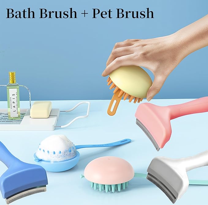 2 Pack Pet Grooming Set, Short Teeth Stainless Steel Deshedding Brush for Short-Haired Dogs and Soft Silicone Circular Bath Brush, Efficient Fur Removal and Gentle Cleaning (Pink, Small)