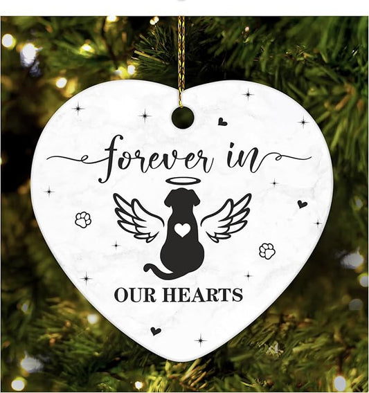 Hyturtle Dog Memorial Heart Ornament - Ceramic Pet Loss Keepsake with Angel Wings - Forever in Our Hearts Remembrance Christmas Ornament for Dog Lovers - 3 Inch Ceramic Hanging Gift Memorial 8