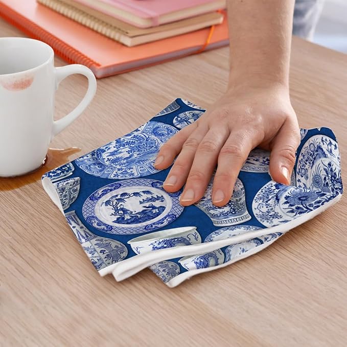 4 Pcs Artistic Floral Kitchen Towels, Traditional Decorative Absorbent Microfiber Dish Cloth Tea Towel, Porcelain Waffle Soft Hand Towels for Farmhouse Home Kitchen, Housewarming Gifts