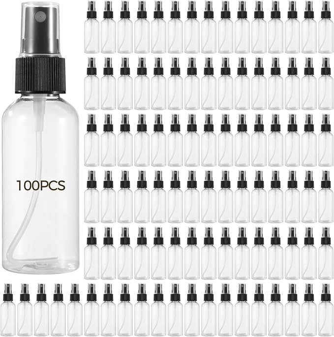 100 PCS Small Spray Bottles 2 oz Bulk - 60 ML Transparent PET Spray Bottles with Black Mist Nozzle Travel-Size, Convenient for Samples Office Home Use