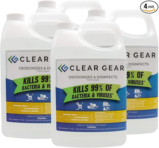 Clear Gear Gym Disinfectant Mat Cleaner, and Gym Equipment Deodorizer for Sports Equipment and Fitness Centers - EPA-Registered, Hospital Grade Disinfectant, Made in USA - (4) 1 Gallon Bottles