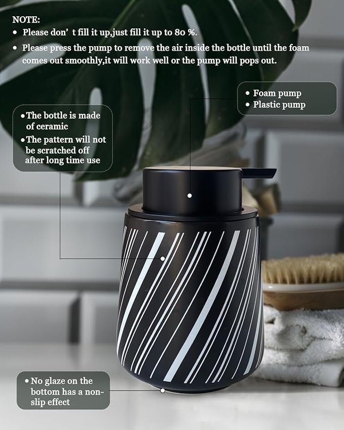 Chic Soap Dispenser Bathroom Ceramic Hand Foam Soap Dispenser for Bathroom Deco 12ounce Refillable Liquid Dispenser for Kitchen (Black)