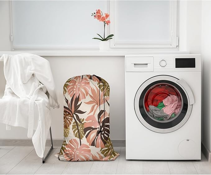 Swono Tropical Palm Leaves Laundry Bag with Drawstring Straps, Heavy Duty Extra Large Laundry Bags for Laundromat and Household, Exotic Flowers Summer Paradise Washable Travel Dirty Clothes Bag Hamper