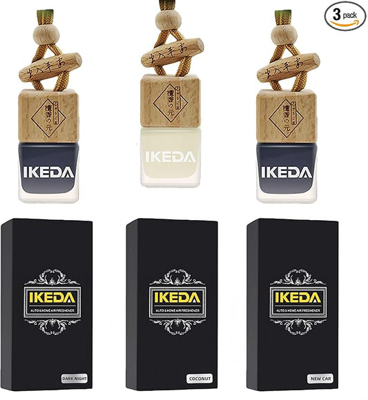 IKEDA Car Air Freshener, Essential Oil Diffuser for Car, Hanging Air Freshener Diffuser, 45+ days Long Lasting Fragrance, Includes: Dark Night and Coconut and New Car (10ml Pack of 3)