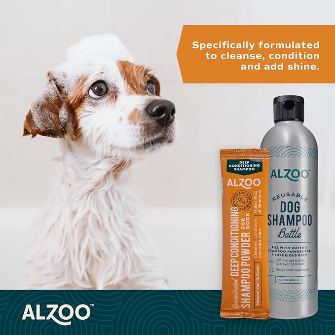 ALZOO Concentrated Deep Conditioning Shampoo Powder for Dogs, Cleans, Conditions & Adds Shine, 100% Plant-Based Active Ingredients, Natural Vanilla Scent, Pack of 2