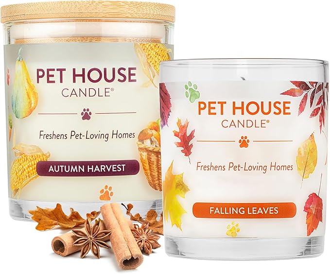 One Fur All Pet Friendly Candle 2 Pack - Plant-Based, Soy Candles, Clean Burning, Long Lasting Pet Air Freshener for Home, 2 Pack, Falling Leaves and Autumn Harvest