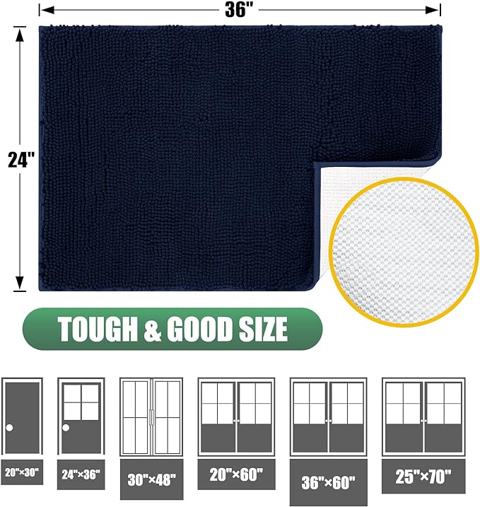IM HOME Chenille Absorbent Outdoor Doormat 36" x 24", Washable Muddy Door Mats for Dog Non Slip Indoor Doormat Dog Mat for Muddy Paw Front Inside Doormats for Entryway Navy Blue
