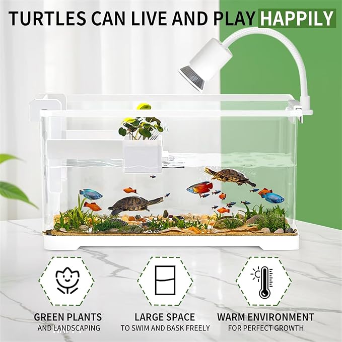 (Tank + Light + Filter + Filter Balls) Turtle Tank Kit, Turtle Tank Starter Kit,Bottom Drainage, Multi-Function Areas for Turtles, Crabs,Fishes, Amphibians,Reptiles. (21.65 × 12.28 × 12.28 Inch)