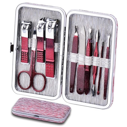 Manicure Set 10 in 1 Stainless Steel, Nail Clippers Scissors Pedicure Tools Kit - Portable Travel Grooming Kit for Men and Women with Leather Case (Rose Red)