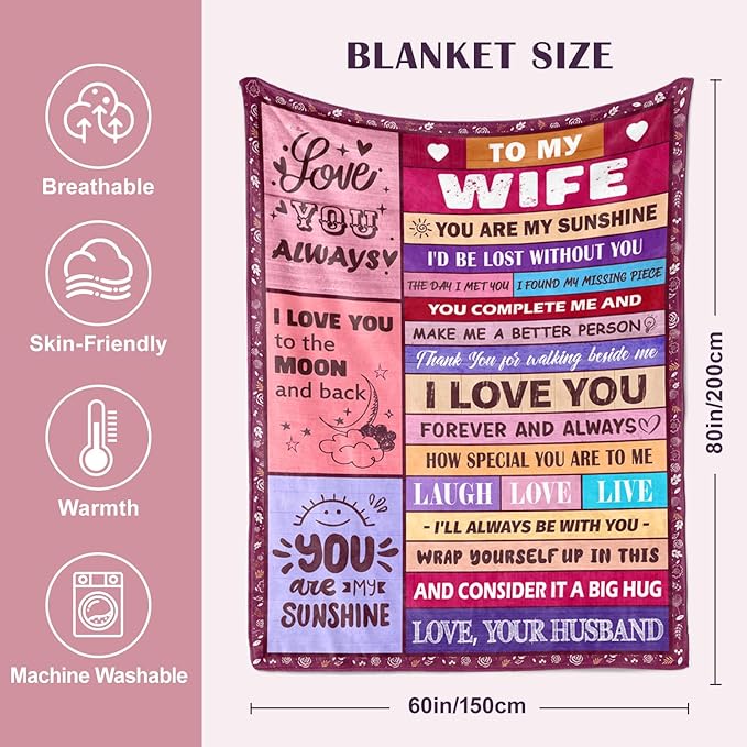Gifts for Wife from Husbend - Anniversary Wedding Gifts for Women - Best Wife Birthday Gift Ideas - Christmas Mothers Valentines Day Romantic I Love You Gift for Her - To My Wife's Blanket 60"x80"