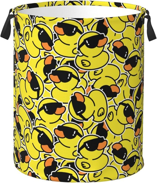 Cute Rubber Ducks With Funny Sunglasses Laundry Hamper Bag With Waterproof Liner - Round Laundry Basket Foldable Clothes Storage Organizer For Bathroom Bedroom Nursery Dorm, S-16.5"X 13.8"