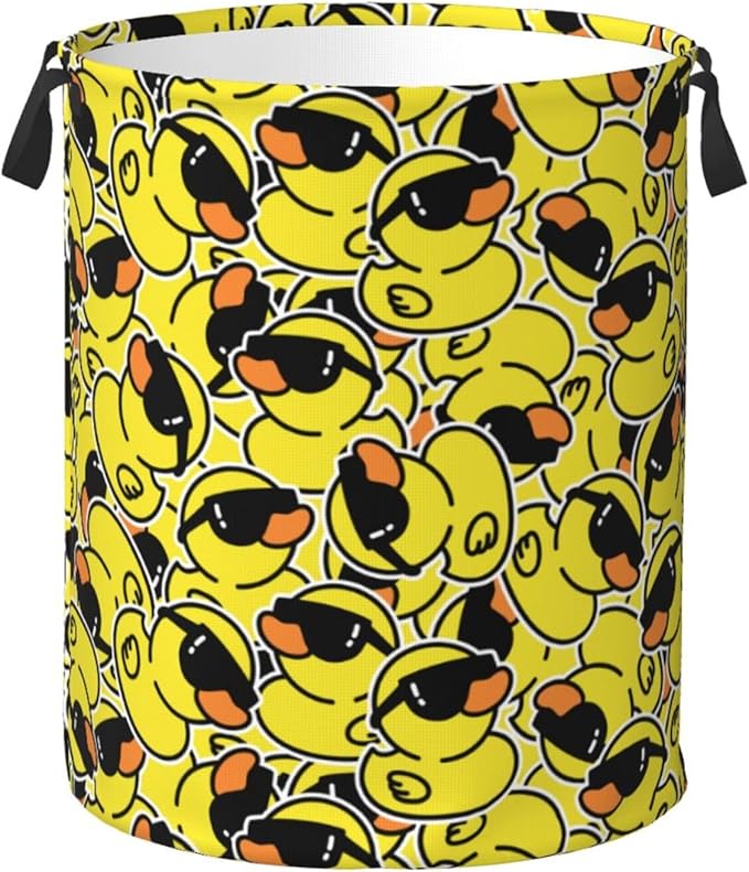 Cute Rubber Ducks With Funny Sunglasses Laundry Hamper Bag With Waterproof Liner - Round Laundry Basket Foldable Clothes Storage Organizer For Bathroom Bedroom Nursery Dorm, M-19.6"X 15.7"