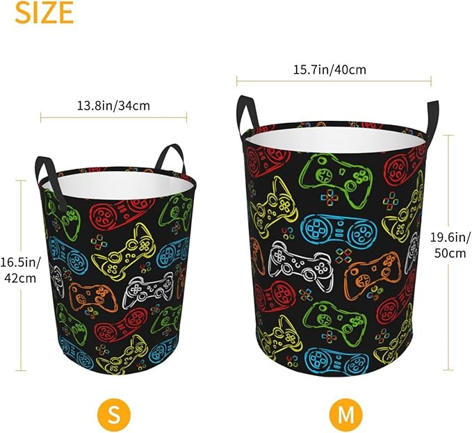 Colorful Game Joystick Silhouettes Laundry Hamper Bag With Waterproof Liner - Round Laundry Basket Foldable Clothes Storage Organizer For Bathroom Bedroom Nursery Dorm, M-19.6"X 15.7"