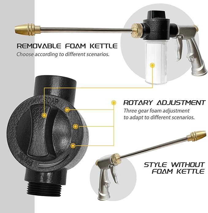 High Pressure Garden Hose Nozzle Sprayer with 3.5oz Plastic Soap Dispenser Bottle, Heavy Duty Car Wash Foam Gun, Adjustable Nozzle for Gardening, Solar Panel Cleaning, Pet Showering (Silver)