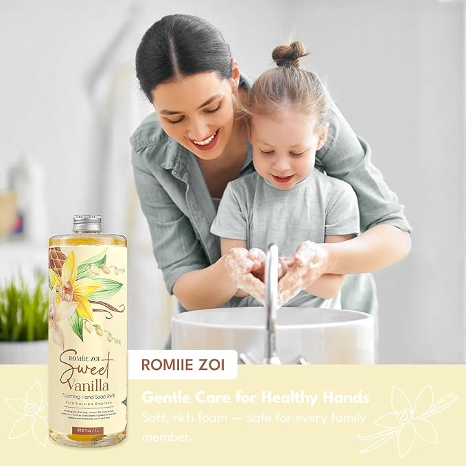 ROMIIE ZOI Foaming Hand Soap Refill Gift Set – Sweet Vanille Scent – 3 Pack (1000ML Each) with Dispenser, Gentle & Moisturizing Plant-Based Formula – Bulk Refill Bottles for Bathroom & Kitchen Use