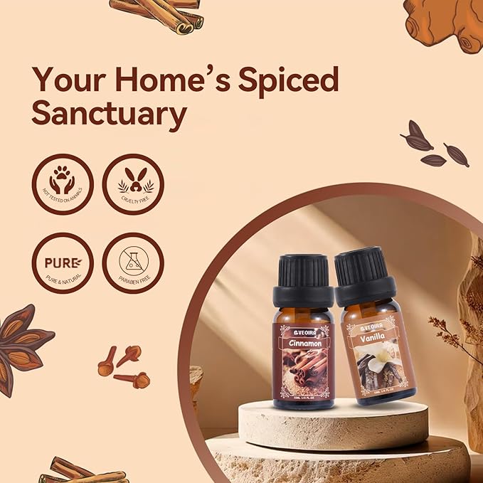 Spice Fragrance Oils Set, AVEOIRA Fall Essential Oil Set for Diffuser, Candle, Soap Making, Nutmeg, Pumpkin Spice, Vanilla, Cinnamon, Spiced Cider, Gingerbread, Scented Oils, 6x10ml