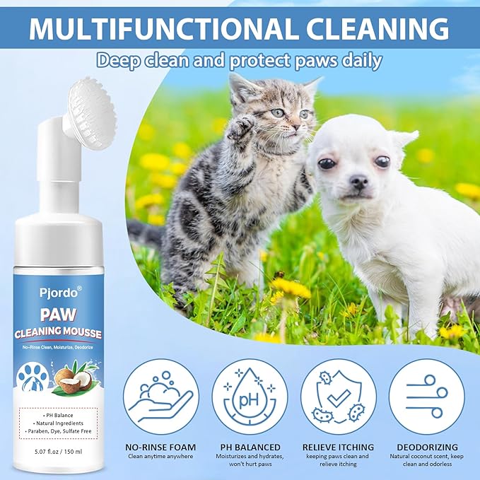 Paw Cleaner for Dogs and Cats, No-Rinse Foaming Cleanser, PH Balanced Deodorizing Paw Wash with Silicone Brush, Dog Paw Scrubber, Foot Cleaner Brush for Dogs Large Medium Small XL Breed