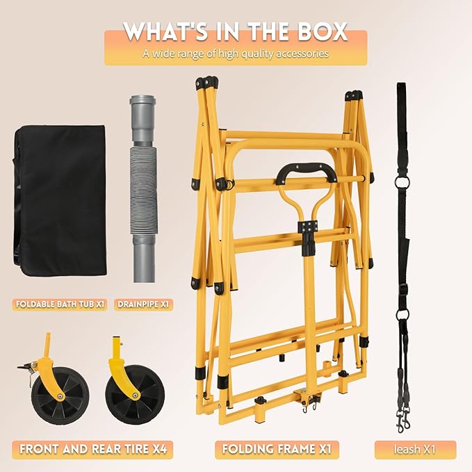 2-in-1 Dog Bathtub and Dog Stroller, Portable Dog Bath and Pet Stroller for Small and Medium Dogs (5-55 lbs) and Cats, Four-Wheel Bathing Cart with Brake