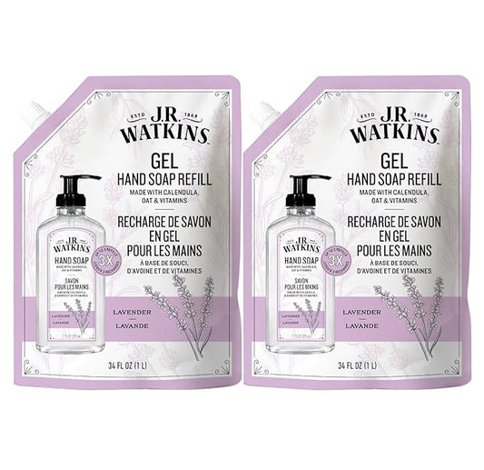 J.R. Watkins Gel Hand Soap Refill, Moisturizing Hand Wash, Formulated with Plant-Based Cleansers, Alcohol-Free, Cruelty-Free, Lavender, 34 Fl Oz, 2 Pack