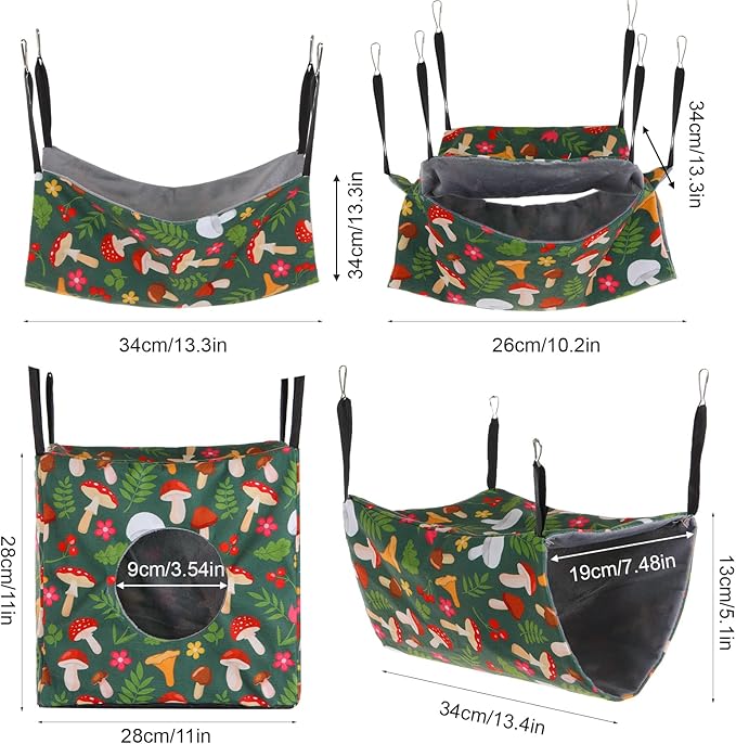 4 Pack Ferret Hammock for Cage, Small Animal Hammock Set with Mushroom Pattern, Rat Hammocks Washable Cozy Hanging Bed for Chinchilla Guinea Pig Hamster Sugar Glider Squirrel