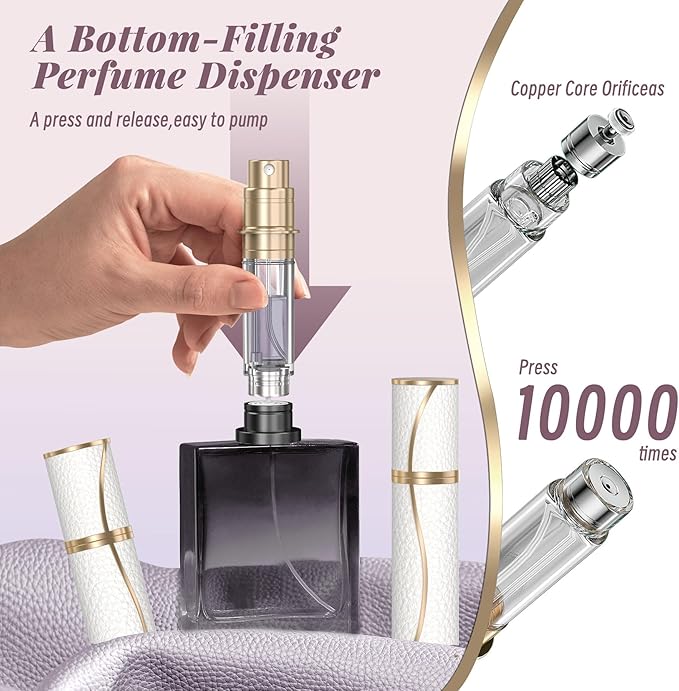 10ml Perfume Travel Refillable Atomizer,Genuine Leather Bottom Filling Perfumes Bottle,Mini Fragrances Dispenser,Portable Cologne Sprayer Pocket Size for Plane Trip Gift 0.34oz (White)