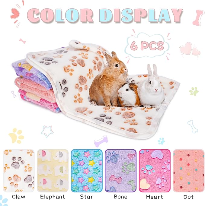 6 Pack Guinea Pig Cage Liner, Washable Guinea Pig Fleece Blankets Beding Accessories, Flannel Throw Warm Sleep Mat, Pet Pee Pads for Small Animal Hamster Rabbit Puppy Cat (Light Color, 24x16 Inch)