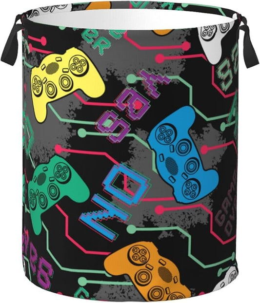 Colorful Game Joysticks Laundry Hamper Bag, Video Game Controller Background Round Laundry Basket Foldable Clothes Storage Organizer For Bathroom Bedroom Nursery Dorm, S-16.5"X 13.8"
