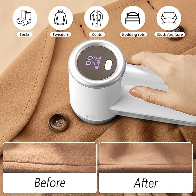 iRUNTEK Rechargeable Fabric Shaver, Electric Commercial Lint Remover with LED Display & Big Trash Box, 3-Speeds for Removing Fuzz and Pill from Clothes, Furniture, Sweater, Couch and Blanket, Silver