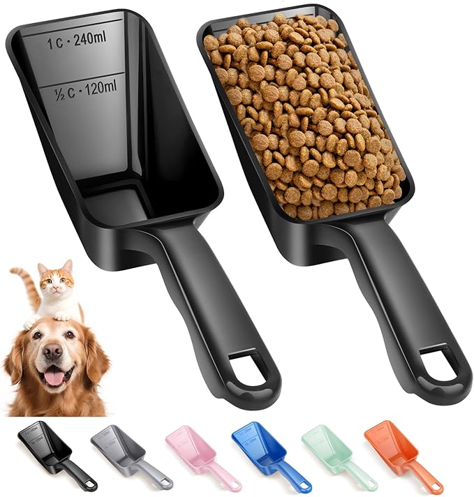 2-Pack Dog Food Scoop 1 Cup, Plastic Pet Food Measuring Scoop With Measuring Lines (1/2 & 1 Cup Markings) for Dogs, Cats, Fish, Bird（Black)