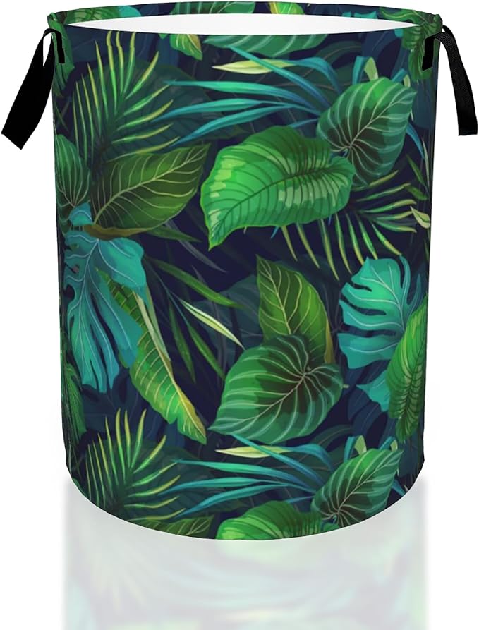 Exotic Tropical Leaves Plants Laundry Basket,Waterproof Foldable Laundry Hamper,Dirty Clothes Laundry Basket, Linen Bin Storage Organizer for Toy Collection 16" x 20"