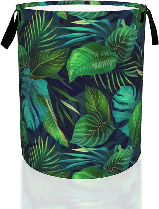 Exotic Tropical Leaves Plants Laundry Basket,Waterproof Foldable Laundry Hamper,Dirty Clothes Laundry Basket, Linen Bin Storage Organizer for Toy Collection 16" x 20"