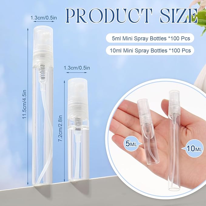 Zhehao 200 Pcs Mini Spray Bottles 5 ml, 10 ml Clear Glass Perfume Bottles Refillable Fine Mist Perfume Atomizer Portable Empty Sample Containers for Cleaning, Essential Oils, Travel (Clear Cap)