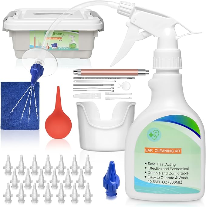 Ear Wax Removal Tool, Ear Cleaning Kits Safe Ear Irrigation Kit Ear Flush Kit for Adults Kids, Ear Wax Washer Device with LED Earwax Spoon, Basin, Bulb, Curette Kit, Towel, Tips, Storage Box White