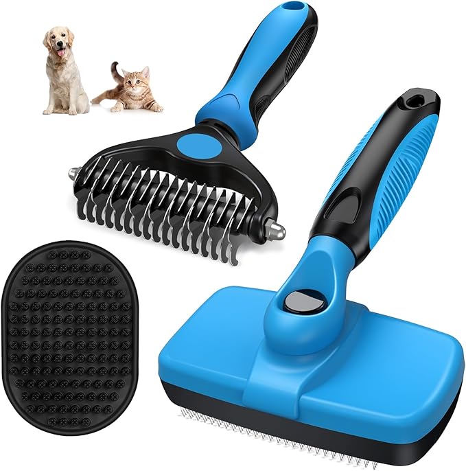 3PCS Self Cleaning Slicker Brush & Pet Grooming Rake & Bath Brush for Dogs and Cats | Double-Sided Dematting Pet Comb & Skin Friendly Deshedding Grooming Tool | Premium Pet Supplies (Blue Black)