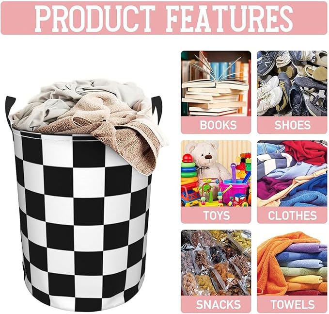 Black And White Plaid Racing Pattern Laundry Hamper Bag With Waterproof Liner - Checkered Race Flag Round Laundry Basket Foldable Clothes Storage Organizer For Bathroom Bedroom Nursery Dorm, S